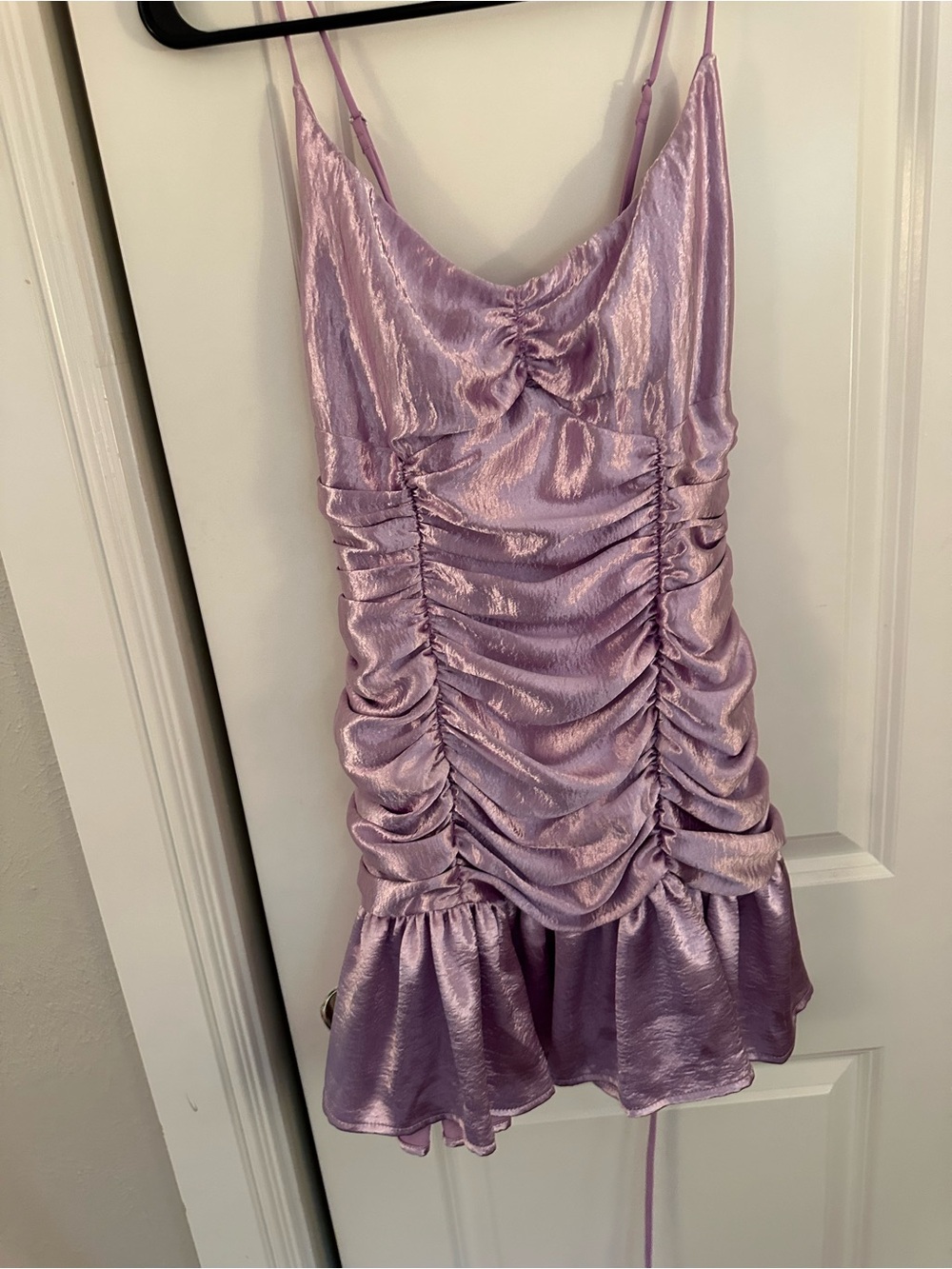 Lucy in the Sky Shimmery Lilac Ruched Satin Mini Dress